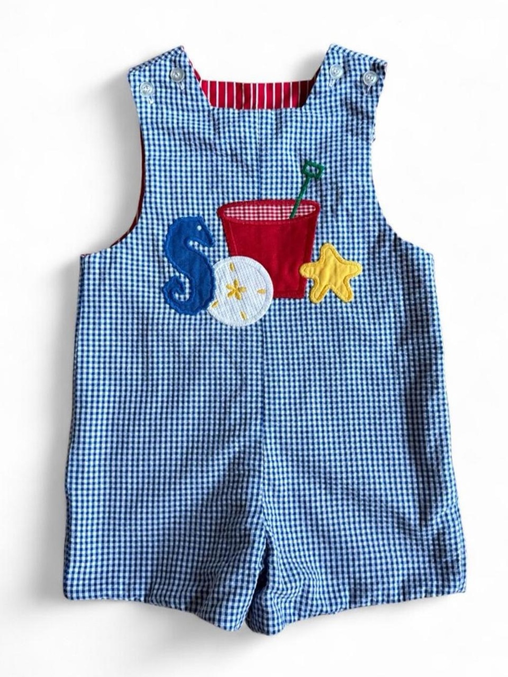 Vintage Reversible Blue Gingham Kids One-Piece Romper with Beach Applique